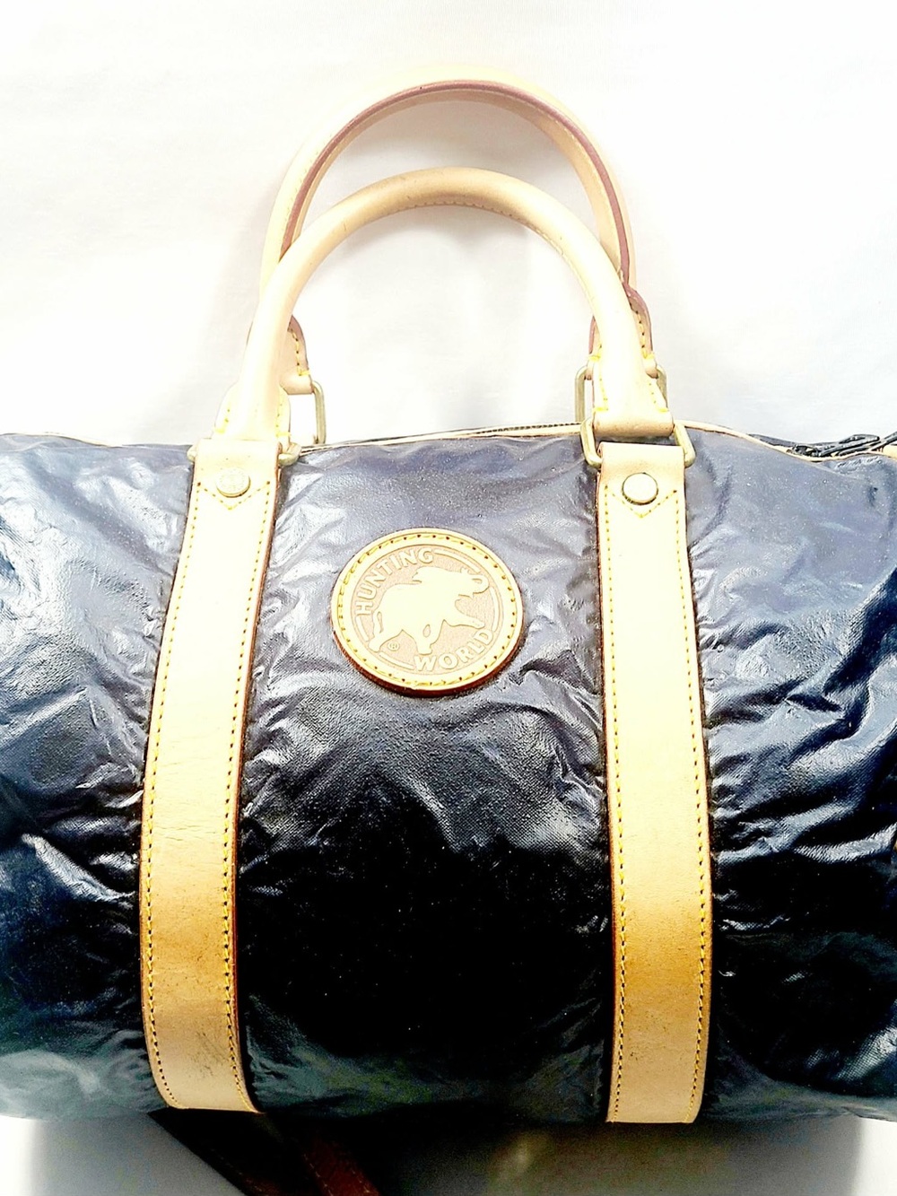 Hunting World Black Duffel with Tan Leather Trim